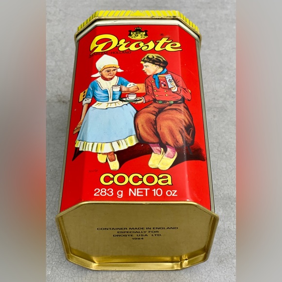 Vintage 10 oz DROSTE COCOA Hinge Lidded Tin Litho Illustrated Pantry Box - Picture 7 of 14